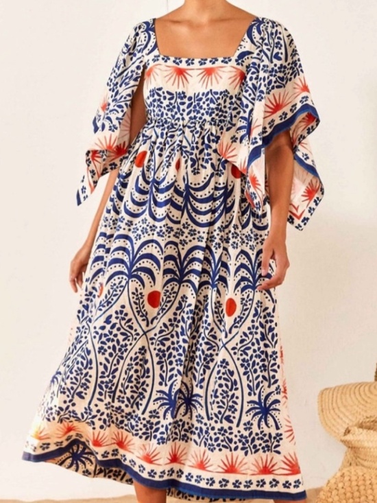 FARM Rio Dresses & Skirts - Farm Rio "Breeze" Blue & White Floral Maxi Dress with Orange Accents Size Medium